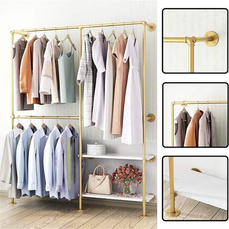 Gold Pipe Clothes Racks with White Shelves - 9.8"D x 63"W x 78.7"H