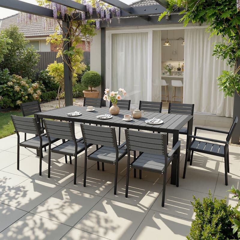 7/9/11-Piece Patio Dining Set Outdoor Aluminum Rectangle Dining Table and Stackable Chairs - Grey - Set of 11