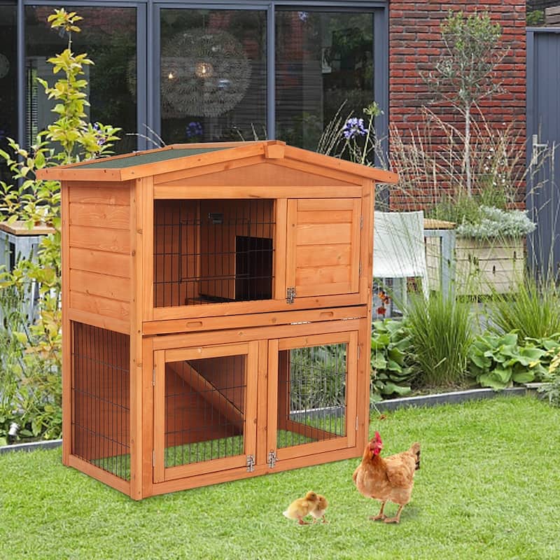 40" Triangle Roof Waterproof Wooden Bunny Hutch A-Frame Pet Cage Wood Small House Chicken Coop Natu