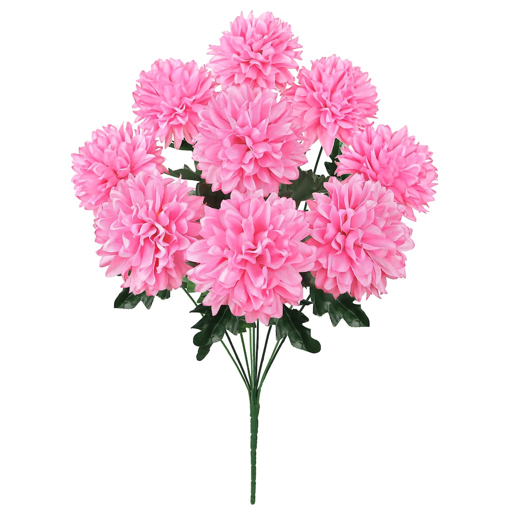 Set of 2 Pink Artificial Ball Mum Pom Pom Flower Stem Bush Bouquet 22in - 22" L x 10" W x 10" DP