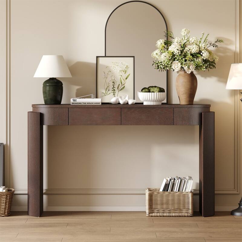 Modern Console Table with 2 Drawers and Oval Top, Entryway Table Sofa Table with Fluted Design and Natural Wood Grain Finish