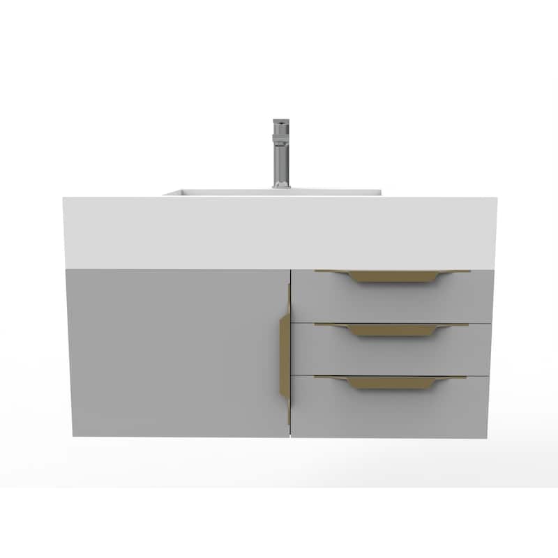 Nile 36-Inch Wall Mounted Bathroom Vanity Set w/ White Top - Gold Finish - Grey