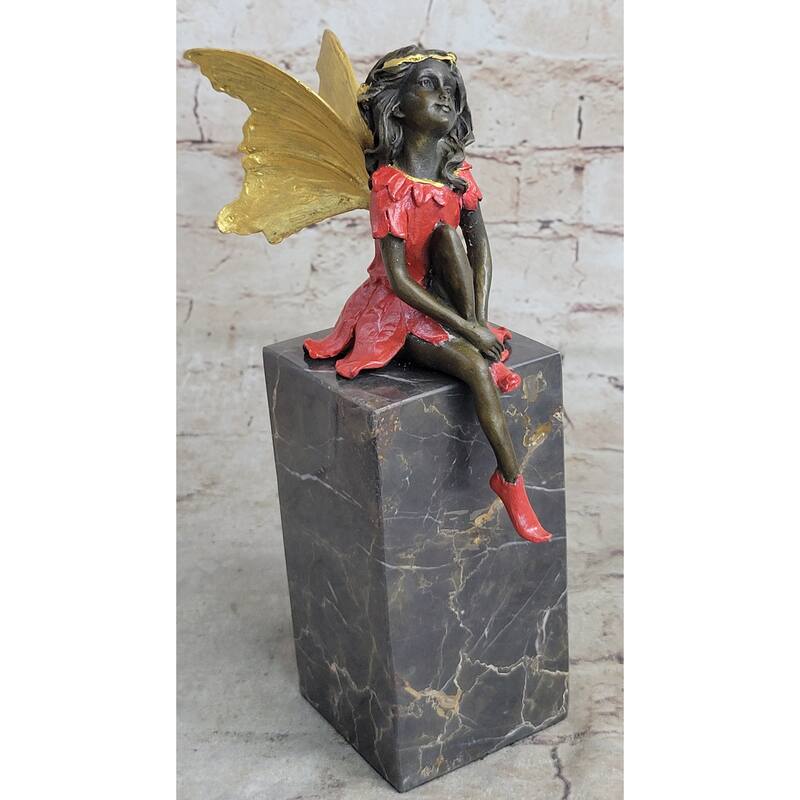 Colorful Winged Fairy Girl Bronze Sculpture Statue Figure On Marble Base By Milo
