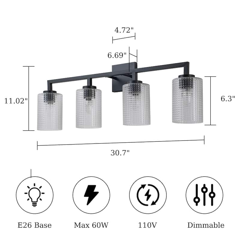 3/4-Light Modern Black Wall Sconce Bathroom Vanity Light with Grid Glass Shades