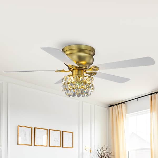 slide 2 of 16, 48-inch Modern Brass Crystal Low Profile Chandelier Ceiling Fan with Light and Remote Control - 48" W x 15.1" H