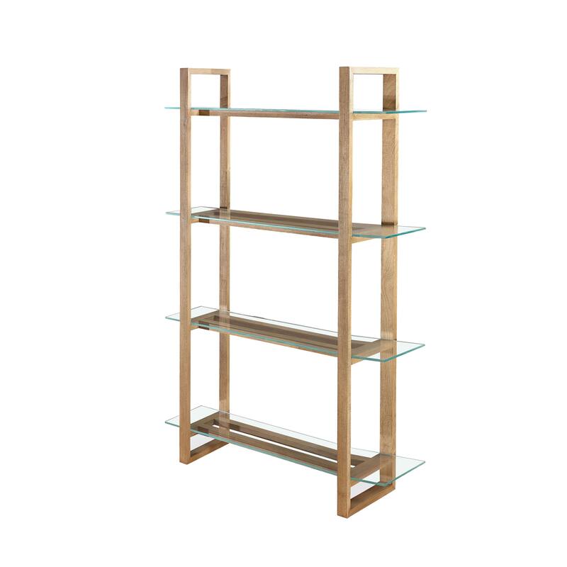 Uvi 76 Inch Bookcase, 4 Floating and Slatted Glass Shelves, Bisque Brown