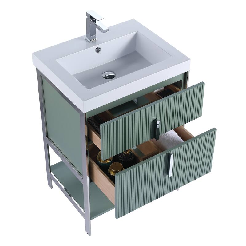 Fine Fixtures Serenity Modern Bathroom Vanity with White Gel Acrylic Top - Mint Green - Chrome Hardware - 24 inch