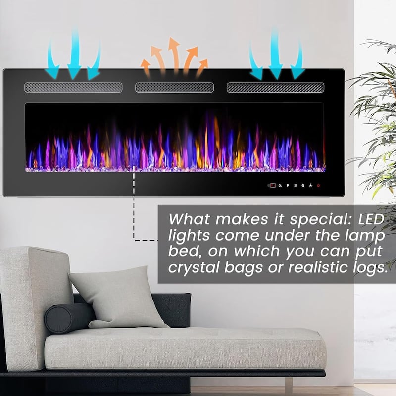 BOSSIN Electric Fireplace Wall Mounted and Recessed with Remote Control, 750/1500W Ultra-Thin Wall Fireplace Heater, Low Noise