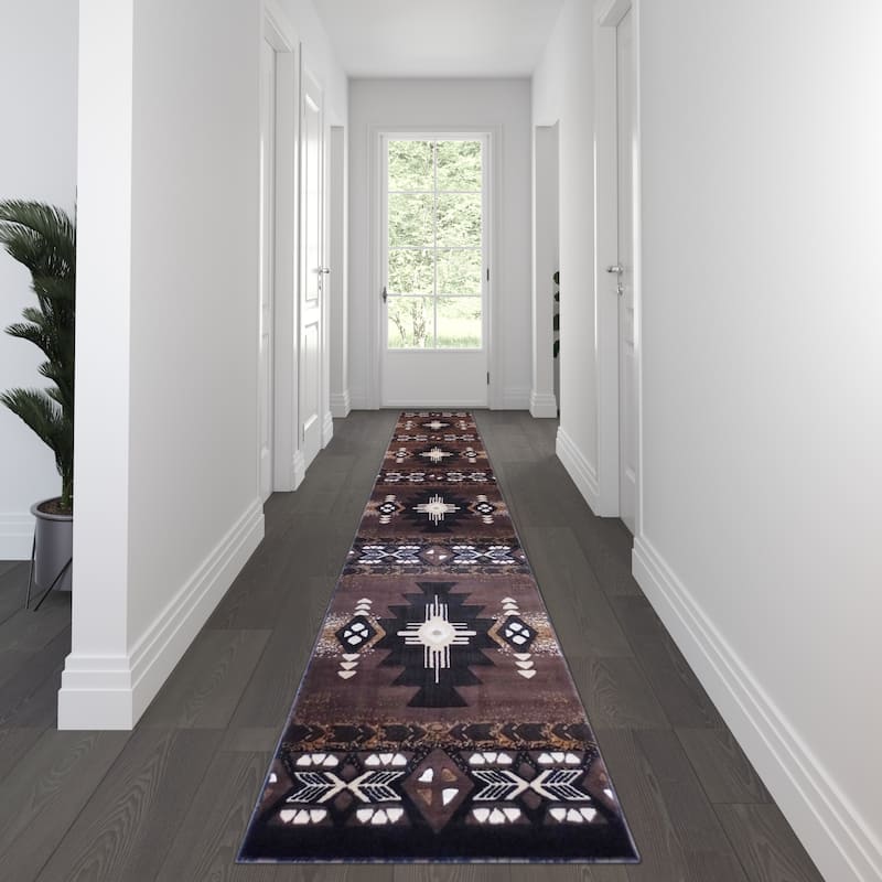 Traditional Southwestern Style Olefin Fiber Geometric Area Rug - 3' x 16' - Chocolate