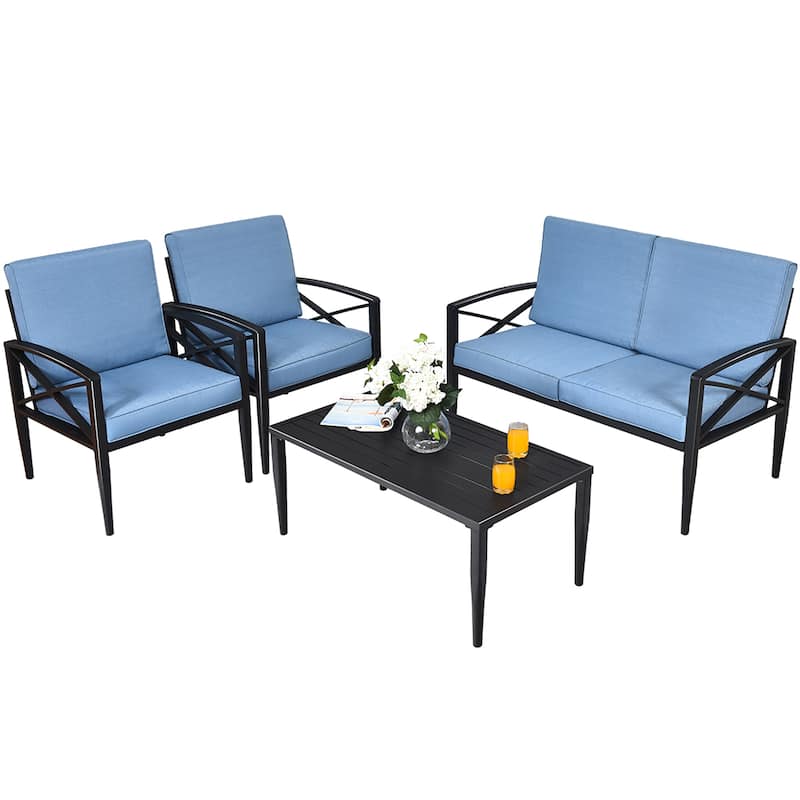 Costway 4PCS Patio Furniture Set Aluminum Frame Cushioned Sofa Chair - Black/Blue - 4-Piece Sets