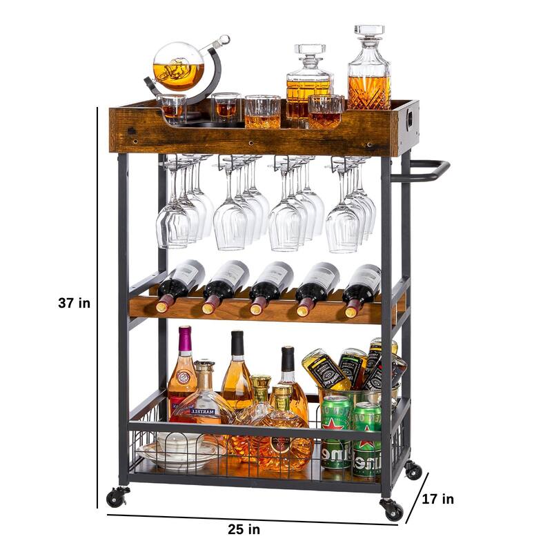 Industrial Bar Cart with Storage and Glass Holder, Removable Wood Tray