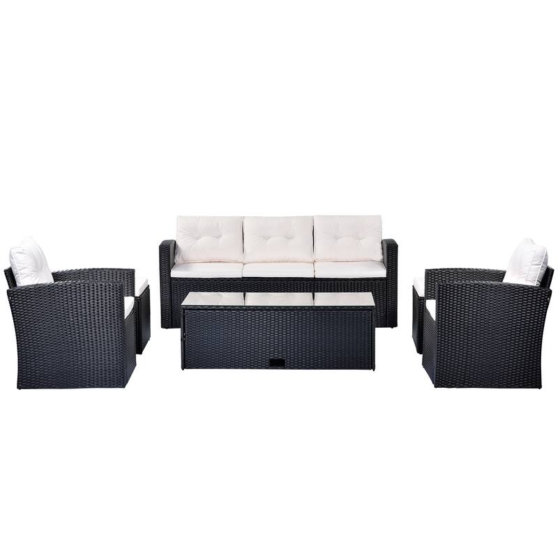 6-Pieces Outdoor Rattan Conversation Sofa Set with Coffee Table and 2 Ottoman