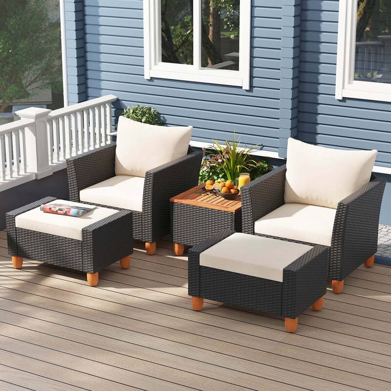 Costway 5 PCS Patio Furniture Set with Storage Table Ottomans Soft - See Details