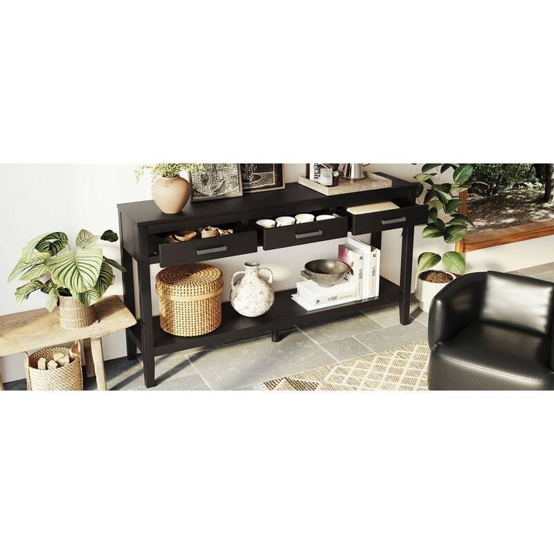 Roomfitters 59.1" Farmhouse Entryway Table with 3 Drawers, Slim Console Sofa Table with Open Shelf for Hallway