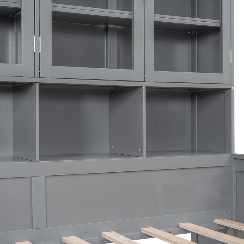 Wooden Daybed with Glass-Door Storage Cabinets Built-in LED Lighting and Shelves