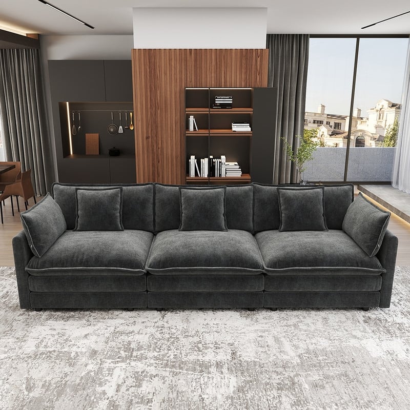 Modern Living Room Set, Upholstered Chenille Sofa with Pillows for Living Room, Chenille - 111.5" 3-Seat Sofa - Grey