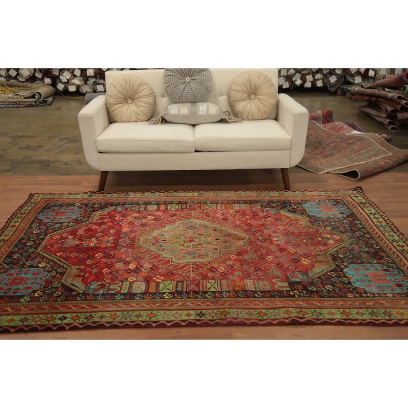 Hand Knotted Oriental 100% Wool Carpet Traditional Medallion Red Shiraz Area Rug - 8' 2'' X 5' 3''
