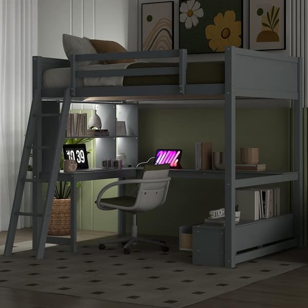 slide 2 of 31, Full Size Loft Bed with L-shaped Multi-storage Desk, LED light and USB Charging Station, Storage Bench with 2 Drawers Grey