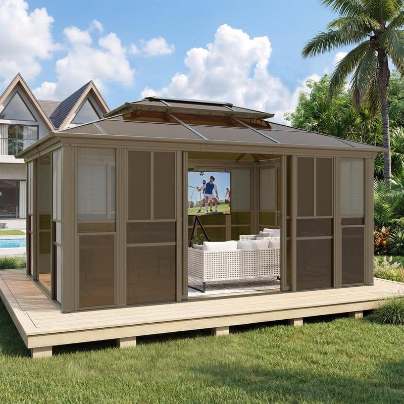 EROMMY Sunroom Gazebo with Double Roof, Adjustable Windows & Lockable Sliding Doors for Patio, Garden, and Backyard