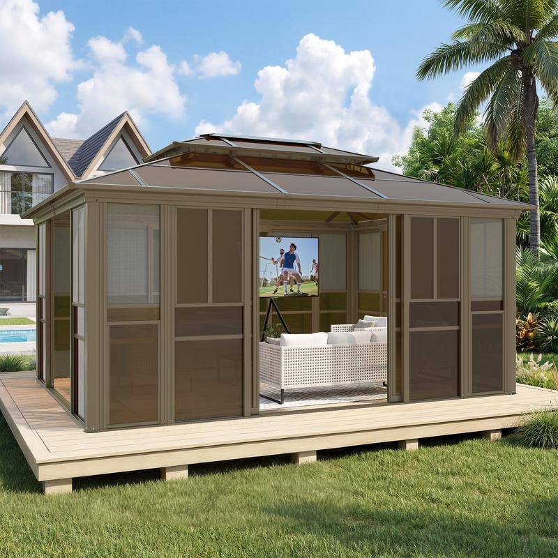Sunroom Gazebo With Double Roof, Sliding Doors and Adjustable Windows