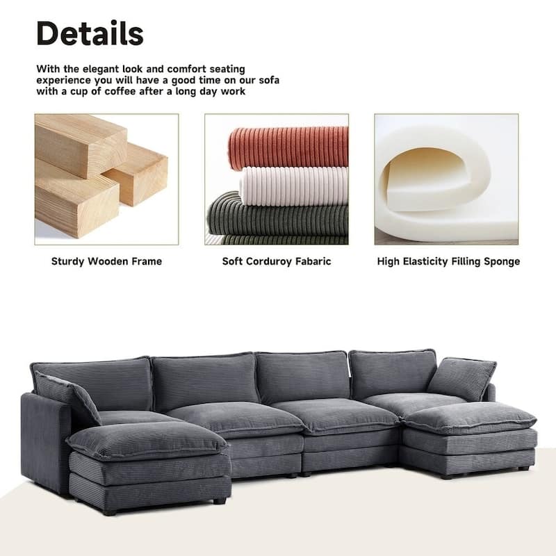 Oversized Modular Corduroy Sectional Sofa Set with Ottoman, 3-Seater / 4-Seater Deep Seat Lounge Couch for Living Room
