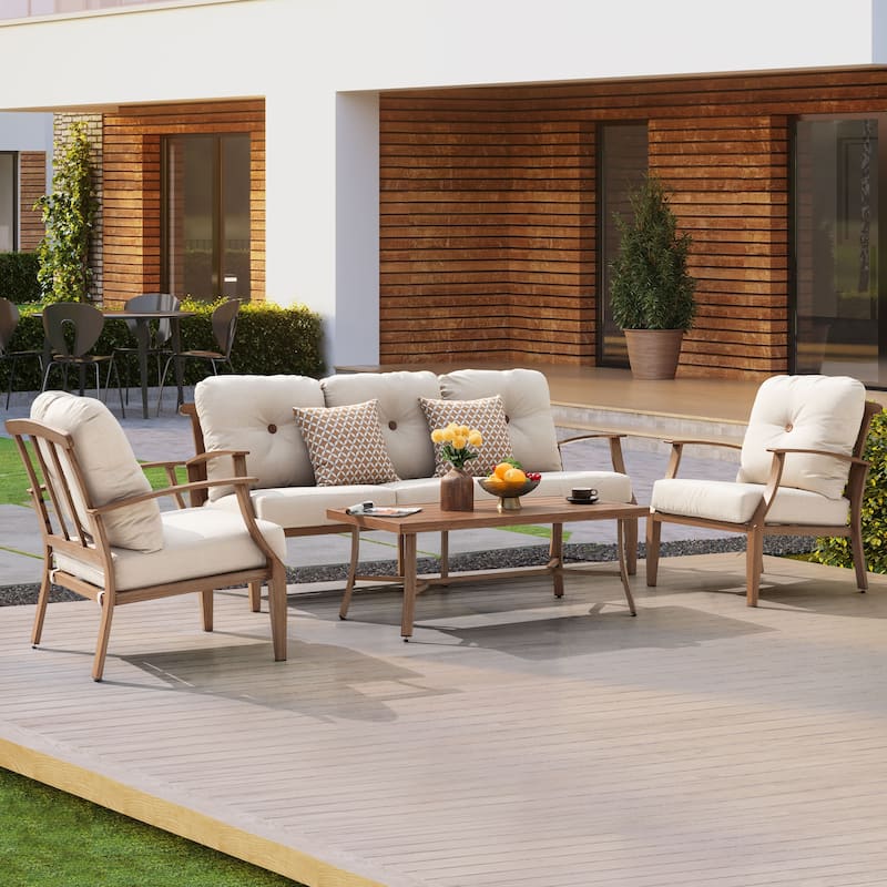 4-Piece Patio Conversation Set with Cushions, Aluminum Frame, Beige - Coffee