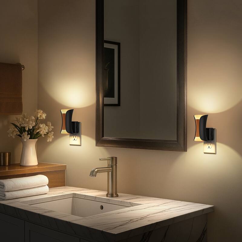 YANSUN Set of 2 Plug in Night Lights Dusk to Dawn Sensor Slim Wall Sconce Black Champagne Gold Warm Dimmable Auto Lighting