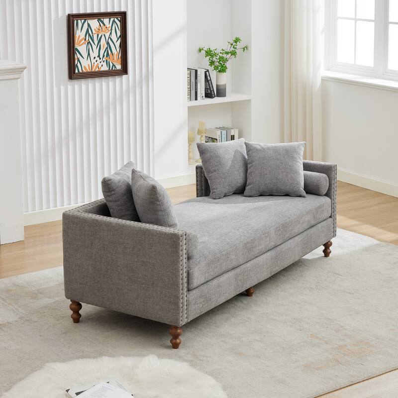 Roomfitters 75.2" Upholstered Chaise Lounge with Nailheads, Chenille Daybed Sleeper Sofa with 6 Pillows