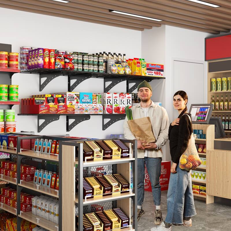 Black Metal Wall-Mounted Shelf Bracket with Heavy-Duty 200lb Load Capacity - 35.43 x 23.62 x 12 in