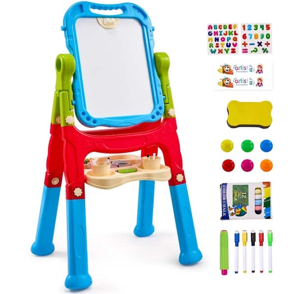 slide 2 of 11, 2-in-1 Kids Art Easel Double-Sided Magnetic Whiteboard Chalkboard Rotating - Multi