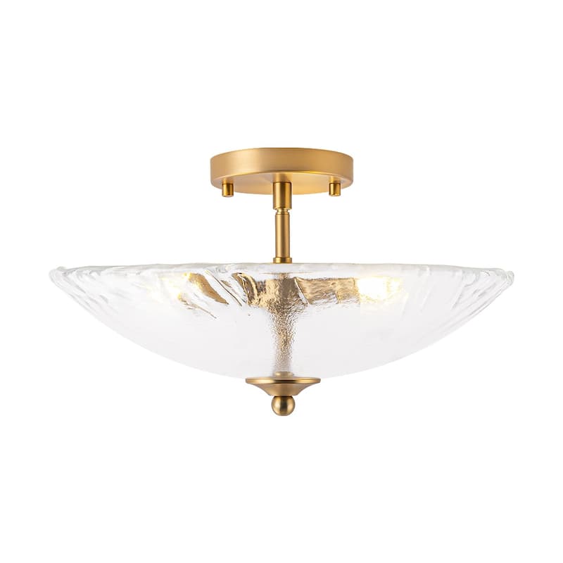 Mid-Century Brass Round Glass Bowl Semi Flush Ceiling Light 15in