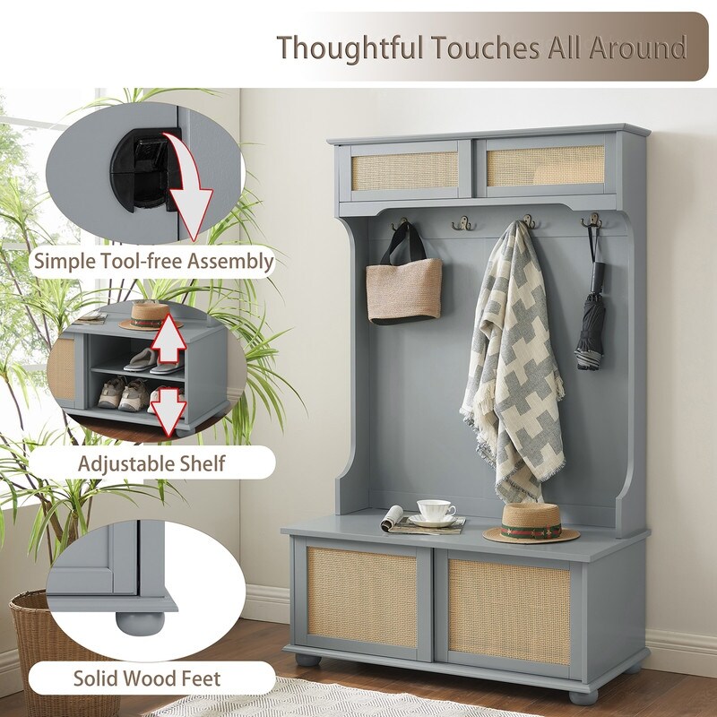 Grondin Mid Century Modern Boho Style 4 in 1 Hall Tree with Sliding Rattan Doors Entryway Bench with Coat Rack and Shoe Cabinet White