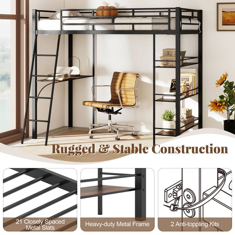 Gymax Twin Size Loft Bed w/ Desk & Shelves Inclined Ladder &