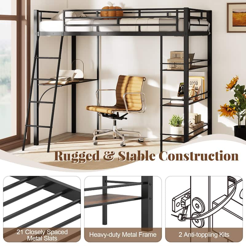 Rustic Brown Twin Loft Bed with Built-In Desk and Storage Shelves Black Metal Frame for Kids or Teens