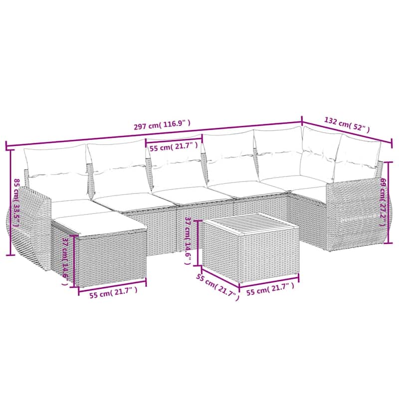 vidaXL 8 Piece Patio Sofa Set with Cushions Black Poly Rattan - 24.4 x 24.4 x 27.2