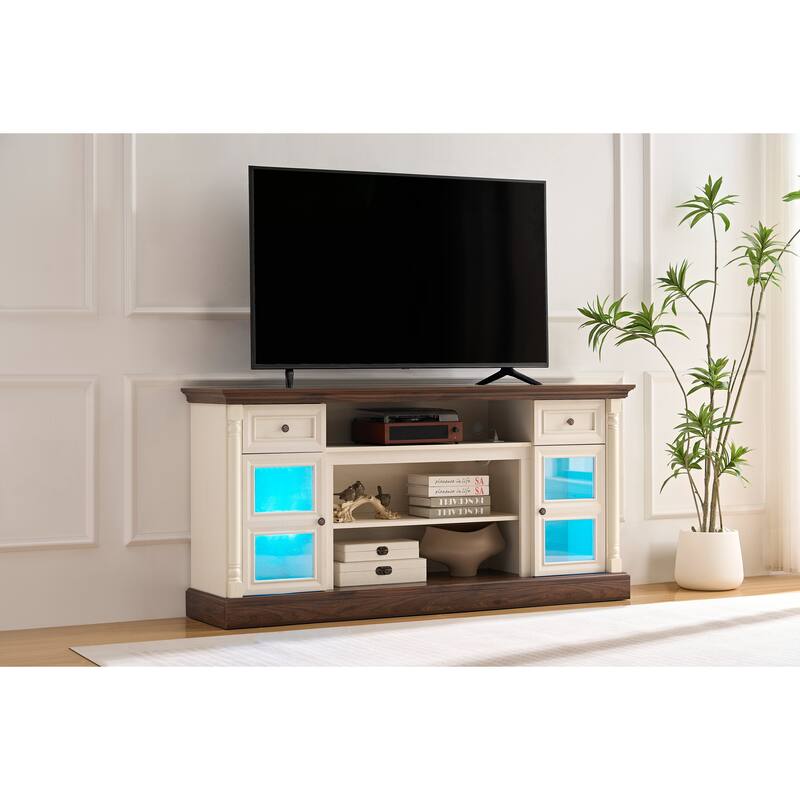 Farmhouse-Style Roman Column Styling Fireplace TV Stand with LED Lights, Glass Door Cabinets and Drawers, for Living Room