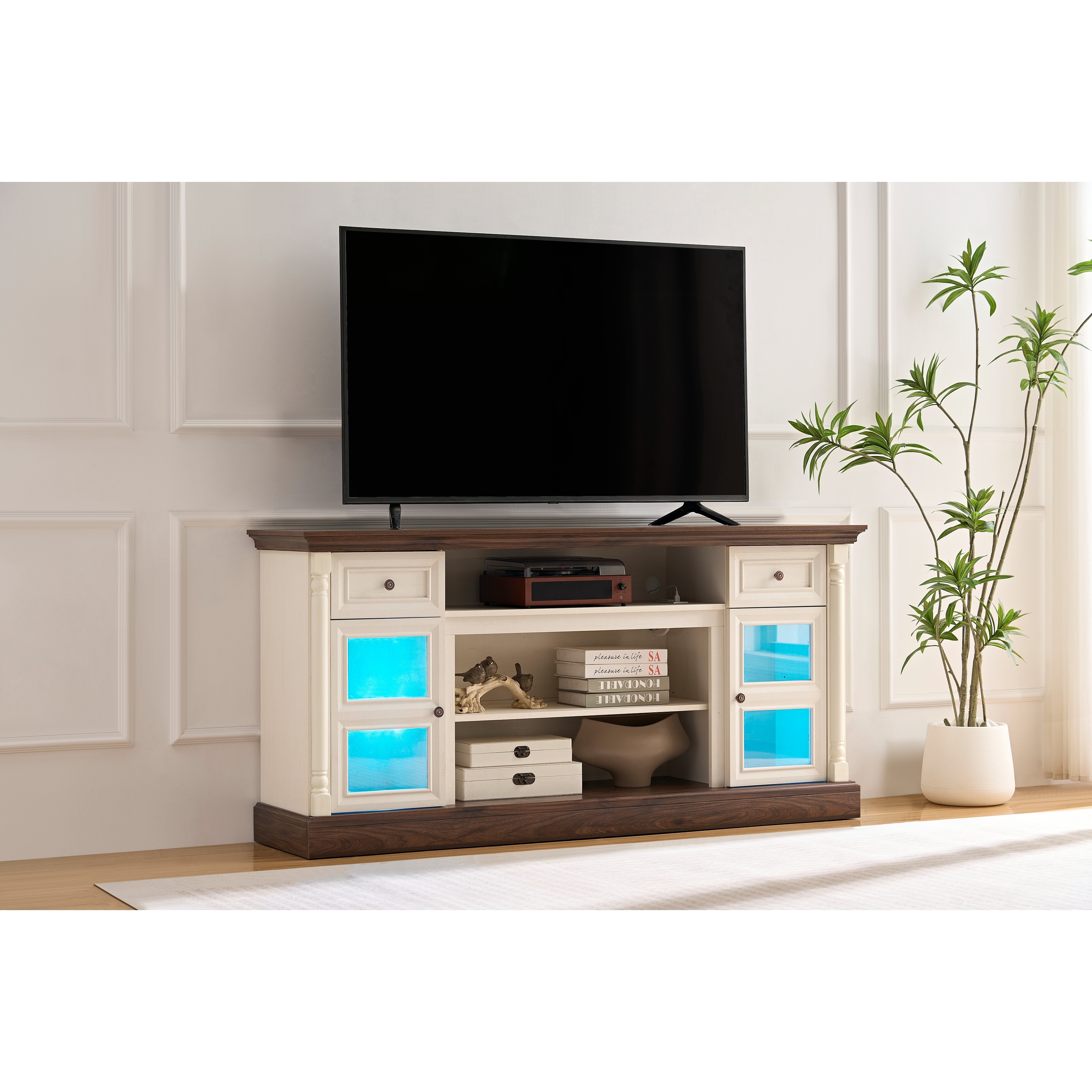 Farmhouse TV Stand with Roman Column Styling - 70-Inch Modern Tall Entertainment Center with LED Lights for Living Room Media