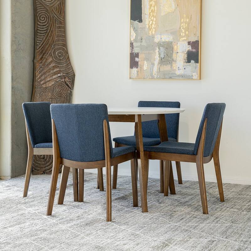Colette 5-Piece Mid-Century Modern Dining Set w/4 Linen Dining Chairs in Blue