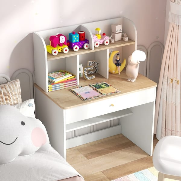 slide 2 of 8, Kids Wooden Study Desk Writing Table with Hutch and Drawer - 31.5" x 19" x 40"