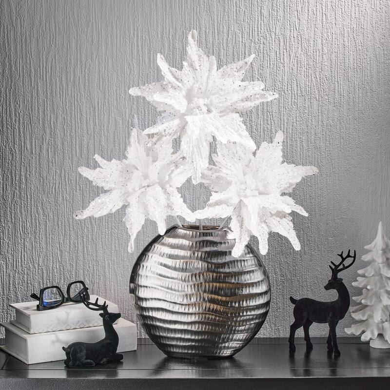22" Sequin Glitter Poinsettia Stem - White