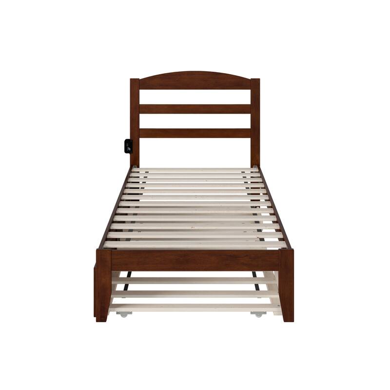 Twin Bed with Trundle - Walnut Finish Platform Bed Frame - Wood Slat Support - Modern Design
