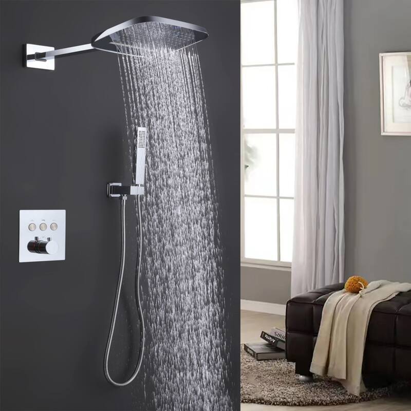 Modland 3-function Square Thermostatic Rainfall Shower System with High-pressure Handheld Shower, Black/Nickel/Chrome