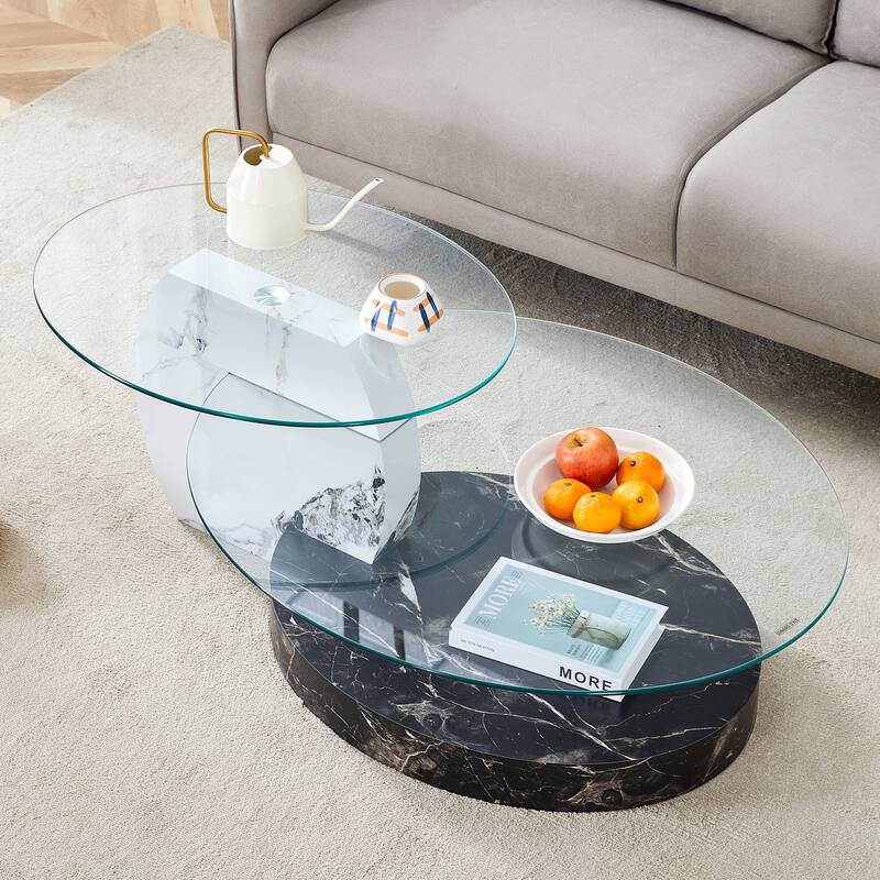 Roomfitters Double Layer Coffee Table with White Marble and Wood Grain Finish, Artistic Modern Design
