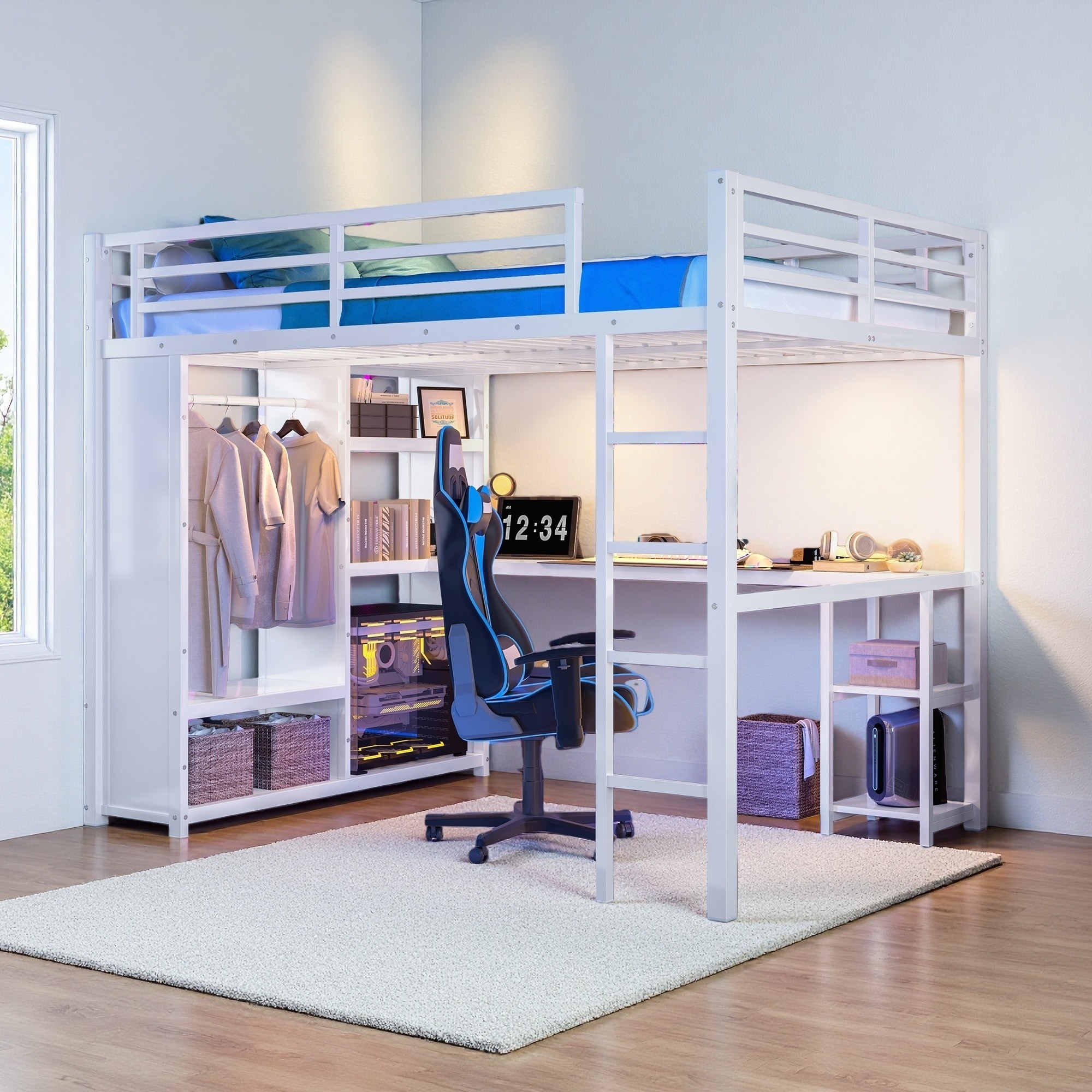 Queen Metal Loft Bed with Built-in Wardrobe, Desk & Storage Shelves, Space-Saving Design