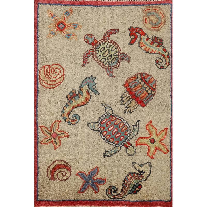 Hand Knotted Oriental 100% Wool Carpet Traditional Floral Beige & Ivories Art Deco Area Rug - 3' 0'' X 2' 0''