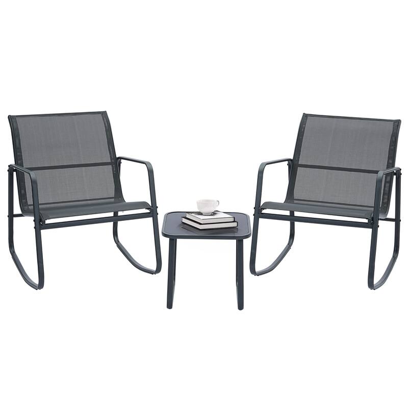 Ainfox 3 Pieces Outdoor Patio Conversation Set, Textilene Patio Rocking Chair Bistro Set with Coffee Table - Black