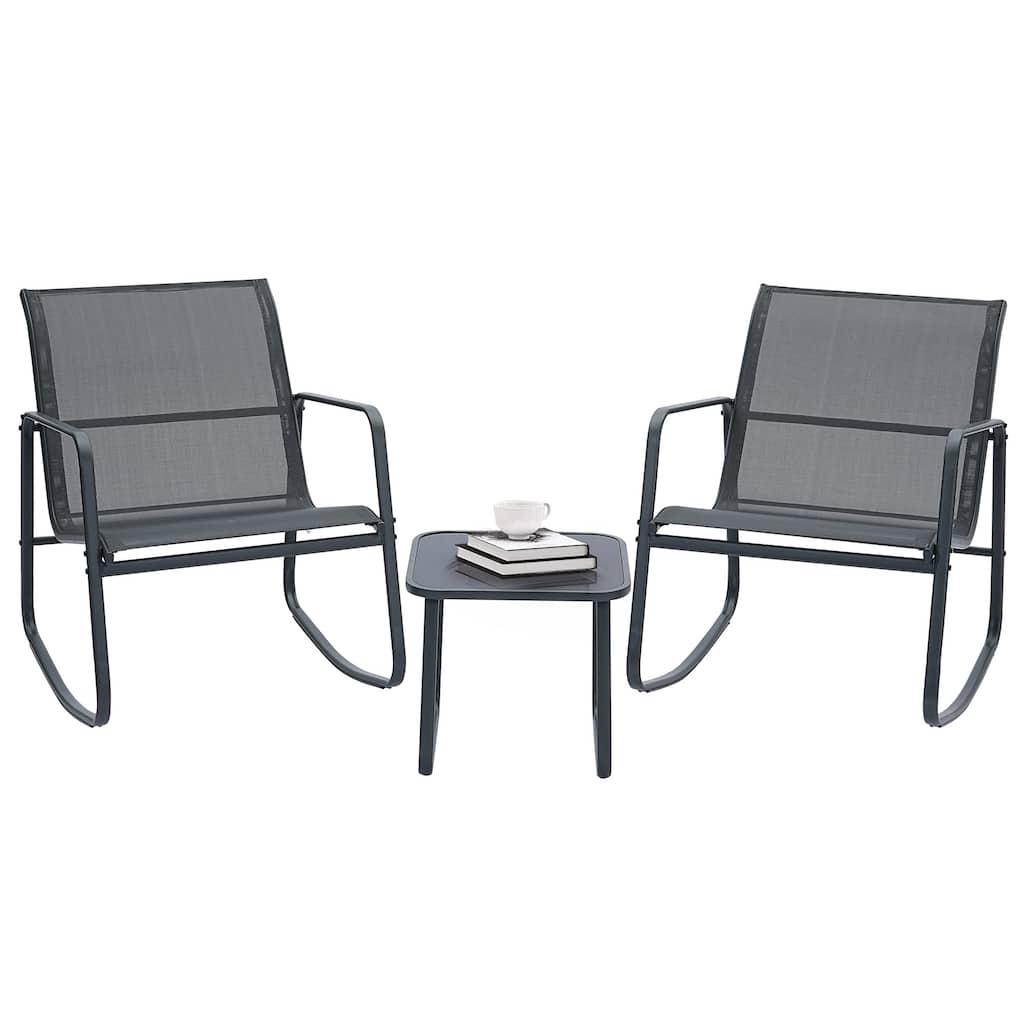 Ainfox 3 Pieces Outdoor Patio Conversation Set, Textilene Patio Rocking Chair Bistro Set with Coffee Table