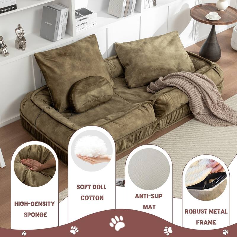 Upholstered Human & Dog Bed, Adjustable 5-Position Bean Bag Floor Sofa with Massage Pillow and 2 Soft Cushions for Adults & Pets