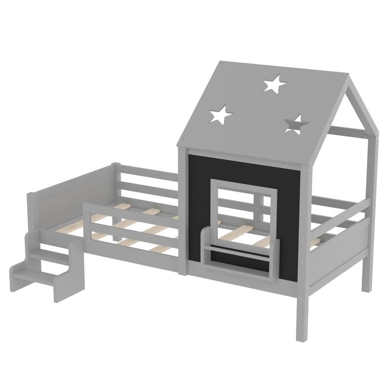 Low Profile Stairs Platform Bed Wood House Bed with Cute Star-shape Roof, Window, Bookcase and Blackboard for Boys and Girls
