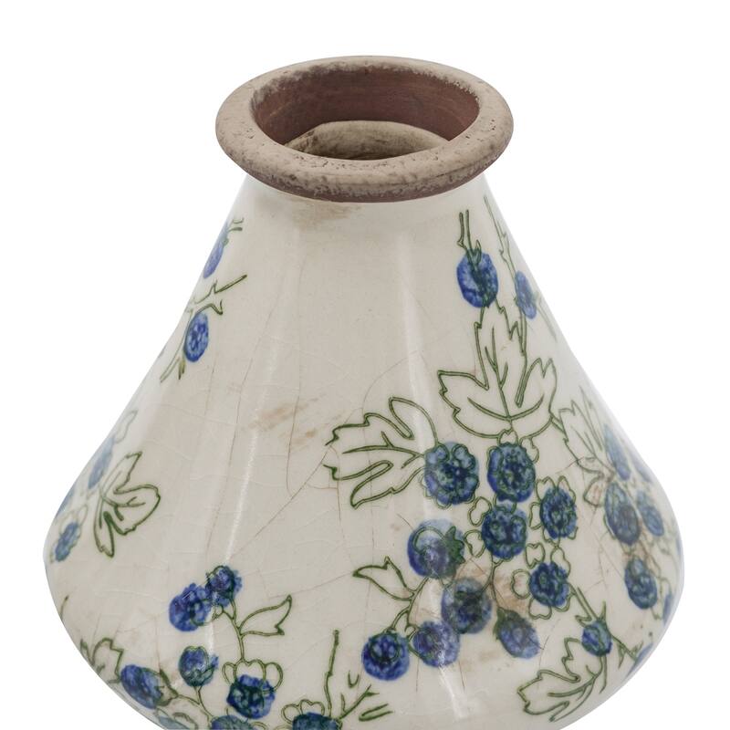 S/3 White Ceramic Mini Vases With Blue Berry Motif